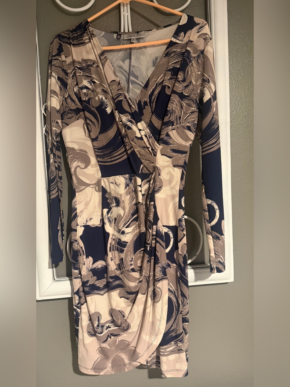 Jennifer Lopez Navy and Beige Abstract Wrap Midi Dress